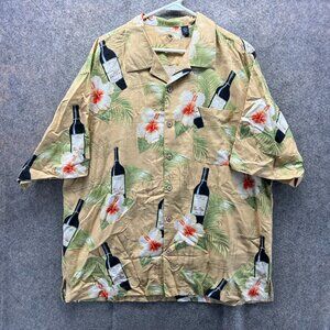 Eagle Dry Goods Shirt Mens XL Tan Hawaiian Silk Button Up Wine Bottle Floral AOP